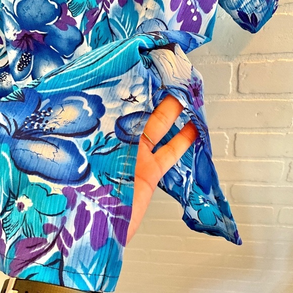 Vintage Button down shirt Floral print Cobalt blue/purple shortsleeve 16 Petite - Picture 6 of 7